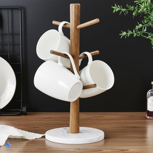Buruis Wood Mug Holder, Marble Base Cup Rack Tree, Mug Stand Hanger, Kitchen Coffee Tree Countertop Tea Holder Stand, Coffee Cup Dryer with 6 Hooks (Round Base White) - color: Round Base White