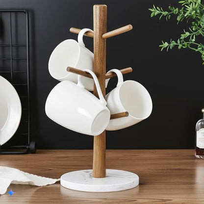 Buruis Wood Mug Holder, Marble Base Cup Rack Tree, Mug Stand Hanger, Kitchen Coffee Tree Countertop Tea Holder Stand, Coffee Cup Dryer with 6 Hooks (Round Base White) - color: Round Base White