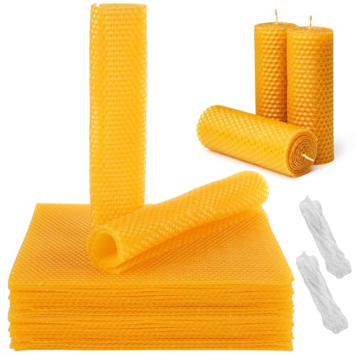 Oungy 24pcs Beeswax for Candle Making DIY Candle Making Kit Beeswax Sheets Include Cotton Wick, 8x8 inch