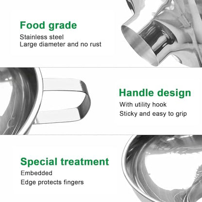 Stainless Steel Wide Mouth Funnel Rust Resistant Canning Funnel Kitchen Cooking Jars Funnel with Handle for Liquids and Solids (S)