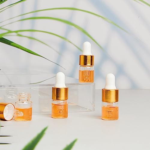 Didaey 100 Pcs 1/2/3/5/10/15 ml Mini Glass Oil Dropper Bottle Bulk, Clear Essential Small Empty Bottles Sample Containers Perfume Liquid Vials with Cap for Traveling (2 ml,Champagne Gold) - color: Champagne Gold, size: 2 ml