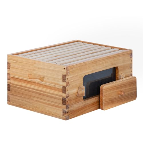 Honey Lake 8 Frame Beehive Deep Brood Box with Window, Langstroth Bee Hive Box Kit Dipped in Beeswax Include Wooden Frames & Waxed Foundations, Bee Boxes for Beekeeping Supplement (Unassembled) - size: 8-Frame