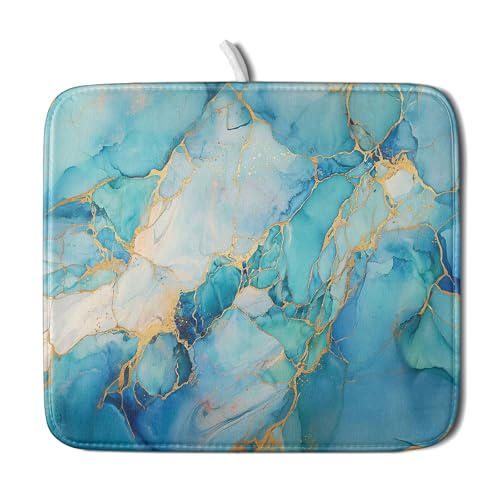 Marble Print Dish Drying Mat for Kitchen Counter,Blue Teal Turquoise Gold Drying Mat 16 x 18 Inch with Absorbent Reversible Microfiber Drying Pad for Coffee Bar - size: 16" x 18"