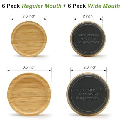 12 Pcs Bamboo Regular Mouth Jar Lids & Wide Mouth Lids for Mason Jars Tops Wooden Large Mouth Lid for Glass Cups Reusable Silicone Can Lid Cover Decorative Wood Canning Lid Supplies Accessories - size: 6PCS-Regular + 6PCS-Wide