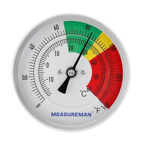 MEASUREMAN Stainless Steel Bimetal Thermometer, 3” Dial, Dual Scale 0-140°F/-20-60°C, 1/2” NPT Center Back Mount, Adjustable for HVAC, Brewing, Food Processing