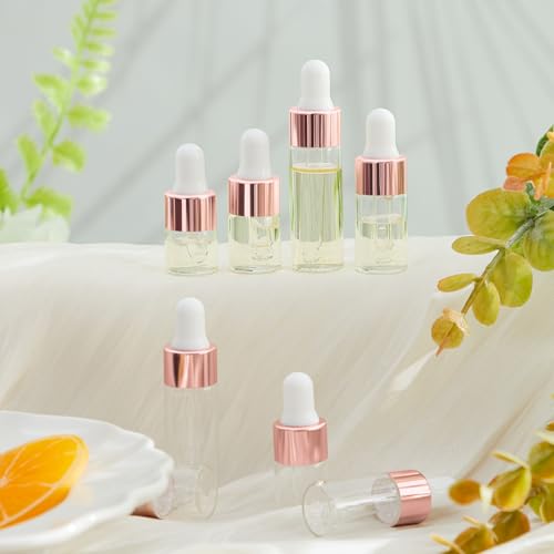Didaey 100 Pcs 1/2/3/5/10/15 ml Mini Glass Oil Dropper Bottle Bulk, Clear Essential Small Empty Bottles Sample Containers Perfume Liquid Vials with Cap for Traveling (1ml,2ml,3ml,5ml,Rose Gold) - color: Rose Gold, size: 1ml, 2ml, 3ml, 5ml
