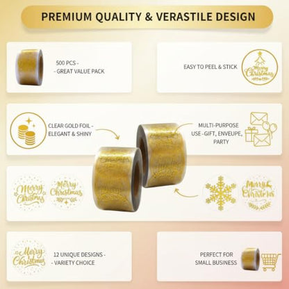 500pcs Christmas Stickers Clear Gold Foil Merry Christmas Stickers Packaging Labels for Small Business Envelope Seals Holiday Gift Box Birthday Party Favors - color: 500pcs- Gold Foil Merry Christmas