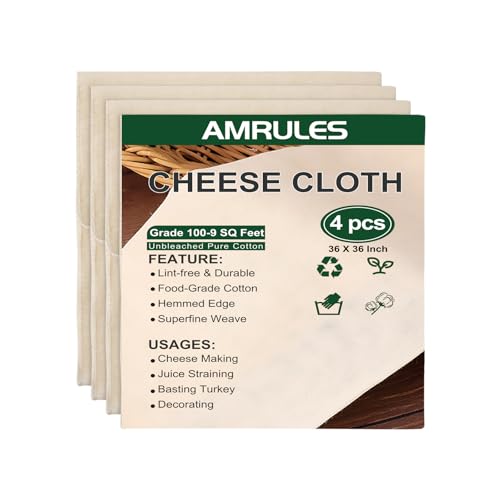 Amrules Cheese Cloths for Straining, 4PCS 36x36 Inch Grade 100 Cheese Cloth, Reusable Washable Unbleached Pure Cotton Cheesecloth for Cooking and Cheese Making with Hemmed Edge - size: 36x36 Inch - 4 PC