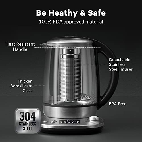 Mecity Electric Tea Kettle with Removable Infuser, 9 Preset Brewing Programs, Temperature Control, 2 Hours Keep Warm, Borosilicate Glass, 1.7 Liter, 1200W - size: 1.8 Quarts | HB-K002C