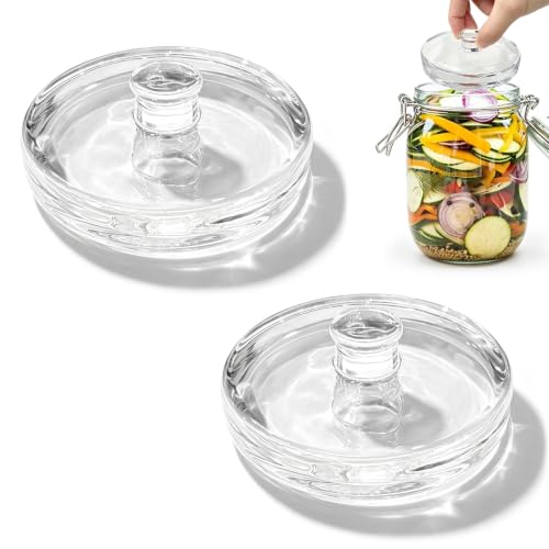 2-Pack Fermentation Weights for Gallon Jars, 3.7-Inch Heavy Glass Fermenting Weights with Easy Grip Handle, Fits Large Wide Mouth Jars for Sauerkraut, Kimchi, Carrots and More