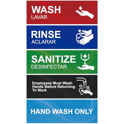 Magicfour Wash Rinse Sanitize Sink Labels, 6”x2” Small Size, 5 Pack 3 Compartment Sink Signs, Waterproof Sticker for Wash Station, Commercial Kitchens, Restaurant, Food Trucks, Dishwashing - size: 5Pcs Sink Labels 6”x2“