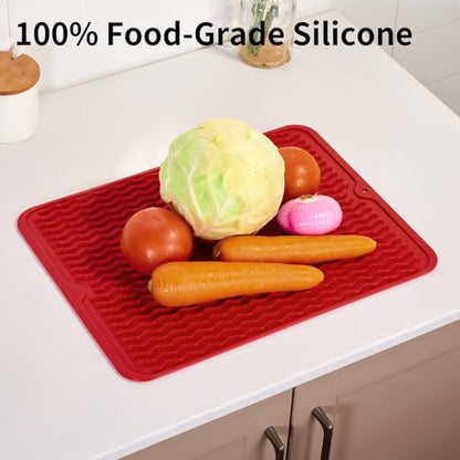 ZLR Silicone Dish Drying Mat for Kitchen Counter (12" x 16" / 307 x 405mm) - Large Fast-Dry Drainer Mat with Raised Wavy Ridges & 5mm Lip - Non-Slip, Heat Resistant 450°F, BPA-Free (Lava Red) - color: Lava Red, size: 16" x 12"