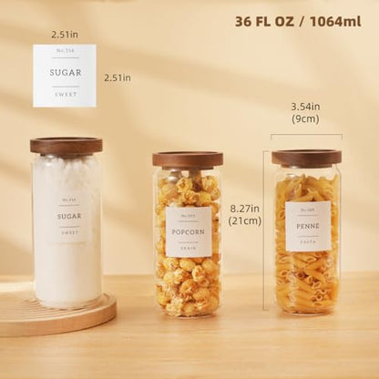 3 Pack Glass Canisters with Airtight Acacia Lids and 132 Kitchen Pantey Labels Preprint - 36 Fl OZ Borosilicate Glass Pantry Storage Jars Containers with Wooden Lids for Tea,Sugar,Cookie,Pasta,Candy - size: 36oz-3 Pack