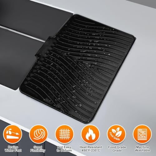 Silicone Dish Drying Mat for Kitchen counter, 15.8"x13" Extra Large Non-Slip Drain Pad with Built-in Drainage, Heat Resistant Dishwasher Safe, Black - color: Black-set, size: 15.8" x 13"