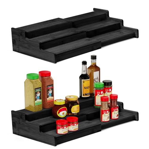 VenDotbi Spice Rack, 3-Tier Expandable Bamboo Spice Rack Organizer for Cabinet, Kitchen, Pantry and Cupboard Storage Organizer-Black(2pack) - color: Black set 2