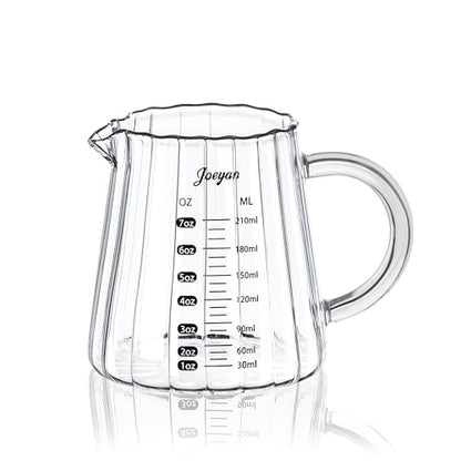 Joeyan 7 oz Glass Measuring Cups with Spout,Borosilicate Large Glass Triple Pitcher with Scale,Origami Style Espresso Shot Glasses with Wood Handle for Coffee Milk - color: 7 Oz Single Spout Clear Measuring Cup