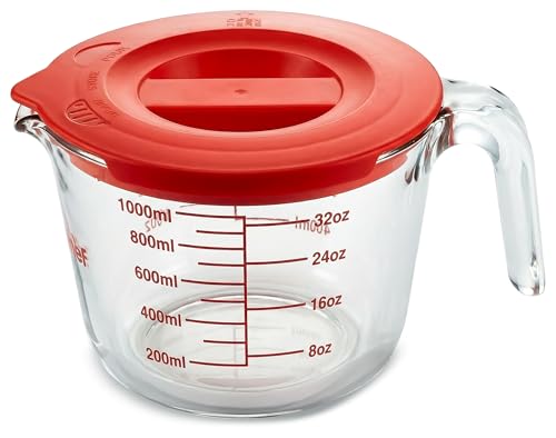 NutriChef 4 Cups Glass Measuring Cup with Lid (34 oz) - Heat-Resistant Borosilicate Liquid Measure Cup with Easy-Read Scale for Cooking, Baking and Food Storage, Dishwasher and Freezer Safe - size: 4 cup with lid