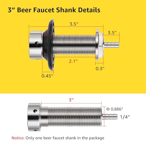 3" Shank Draft Beer Faucet Kit - Stainless Steel Core, Chrome Plated, Leak-Proof Beer Tap with 1/4" Barb for Keg Line Nipple Keg Faucet Shank for Homebrew Kegerator Tap Handle+ Cover - size: 3" Shank