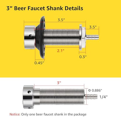 3" Shank Draft Beer Faucet Kit - Stainless Steel Core, Chrome Plated, Leak-Proof Beer Tap with 1/4" Barb for Keg Line Nipple Keg Faucet Shank for Homebrew Kegerator Tap Handle+ Cover - size: 3" Shank