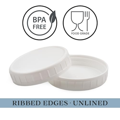 Cornucopia Brands Wide Mouth Plastic Mason Jar Lids (24-Pack Bundle); 2 Dozen Unlined White Ribbed Lids, 86-450 Size
