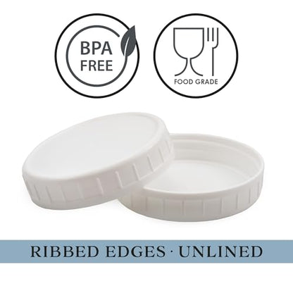 Cornucopia Brands Wide Mouth Plastic Mason Jar Lids (24-Pack Bundle); 2 Dozen Unlined White Ribbed Lids, 86-450 Size