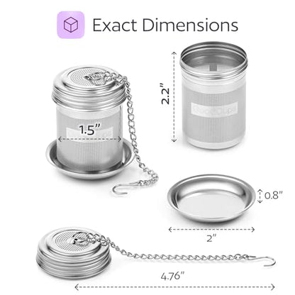 Stainless Steel Tea Infuser for Loose Leaf Tea, Small (1.5” Diameter x 2.2” Height) – Extra Fine Mesh Strainer with Chain Hook & Lid, Reusable Tea Steeper for Mugs, Cups & Teapots - size: Small