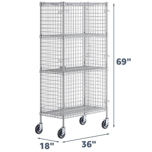 18" x 36" x 69" NSF Heavy Duty Mobile Chrome Wire Shelves with Security Cage Kit, 4 Tier Metal Commercial Storage Rack with Wheels - color: Grey, size: 18" x 36" x 69" with Wheels