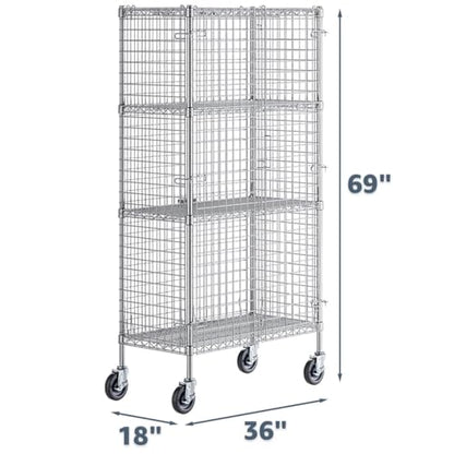 18" x 36" x 69" NSF Heavy Duty Mobile Chrome Wire Shelves with Security Cage Kit, 4 Tier Metal Commercial Storage Rack with Wheels - color: Grey, size: 18" x 36" x 69" with Wheels