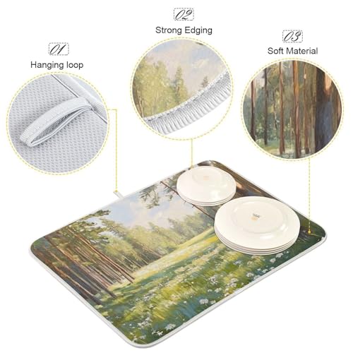 Pine Tree Field Dish Drying Mat for Kitchen Counter Super Absorbent Draining Mat with Non-slip Backed Sink Tray Mat for Dish Bottles Cups Bowl Countertops Sinks Draining Racks
