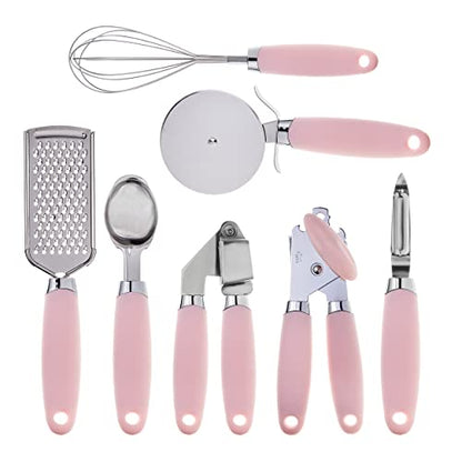 COOK WITH COLOR Kitchen Gadget Set Stainless Steel Utensils with Soft Touch Handles, 7 Pieces, Stainless Steel Pink - color: Stainless Steel Pink