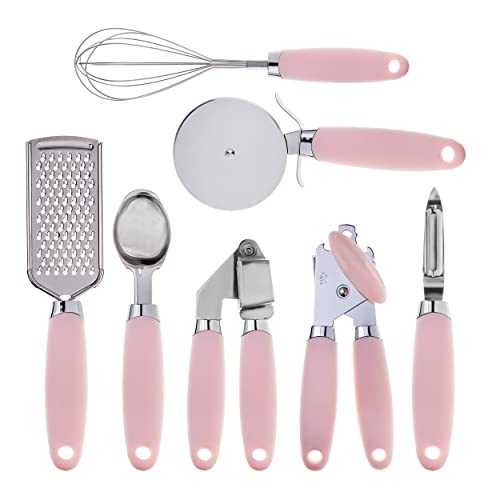 COOK WITH COLOR Kitchen Gadget Set Stainless Steel Utensils with Soft Touch Handles, 7 Pieces, Stainless Steel Pink - color: Stainless Steel Pink
