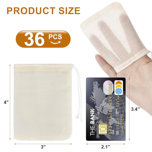 36PCS Drawstring Muslin Bags, 3x4In Reusable Empty Tea Bag for Loose Tea, Natural Cotton Unbleached Cheese Cloth Bag, Spice Bags for Filtering Cooking Soups/Herbs/Herbal Tea/Cold-Brewed Coffee