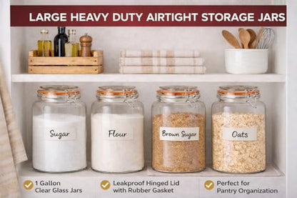 1 Gallon Wide Mouth Glass Jars, Airtight Leakproof Canisters with Lids, Clear Food Storage Containers for Pantry Kitchen, Great for Flour Sugar Rice Dry Goods, Pickling Fermenting, 2 Pack