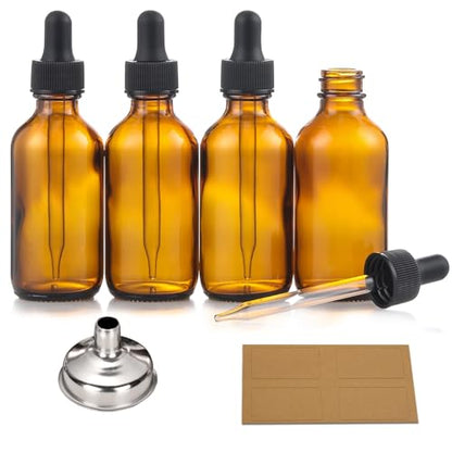 4 Pack, 2 oz Bottles with Dropper & 1 Funnel & 4 Labels - Essential Oils Bottles for Health, Personal Care & Beauty - 60ml Thick Dark Amber Glass Tincture Bottles, Refillable Cosmetic Containers - color: Amber