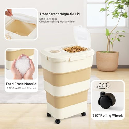 ZOMISIA 40-50lbs Dog Food Storage Container, Large Capacity Collapsible Airtight Pet Food Storage Containers with Rolling Wheels, Transparent Lid, Scoop and Date Track, Khaki - color: Khaki