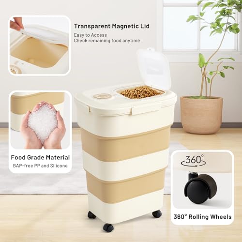 ZOMISIA 40-50lbs Dog Food Storage Container, Large Capacity Collapsible Airtight Pet Food Storage Containers with Rolling Wheels, Transparent Lid, Scoop and Date Track, Brown - color: Brown
