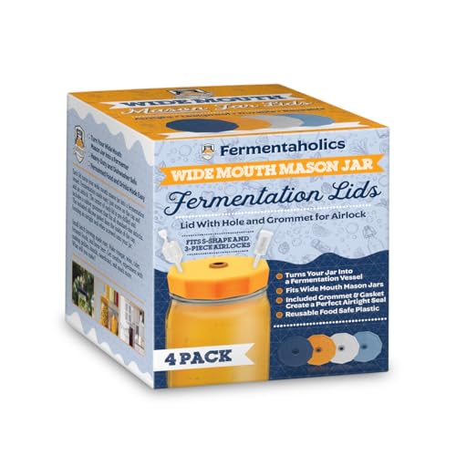 Wide Mouth Mason Jar Fermentation Lids - Turns Your Jar Into A Fermentation Vessel - Lid With Hole & Grommet For Airlock - Fits Wide Mouth Mason Jars - AIRLOCKS SOLD SEPARATELY. - style: 4 Lids - No Airlocks