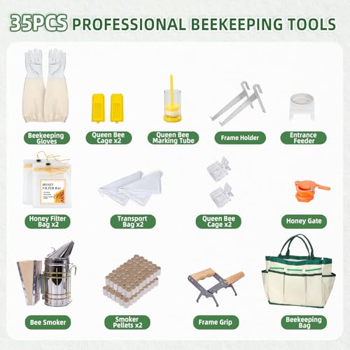 POLLIBEE 35Pcs Beekeeping Supplies Starter Kit with Bee Suit,Smoker & Frame Holder, Complete Bee Hive Tools Set with Oxford Bag for Beginner Beekeepers Men Women (XXL)