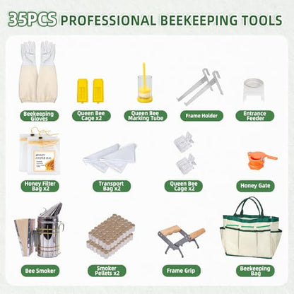 POLLIBEE 35Pcs Beekeeping Supplies Starter Kit with Bee Suit,Smoker & Frame Holder, Complete Bee Hive Tools Set with Oxford Bag for Beginner Beekeepers Men Women (XXL)