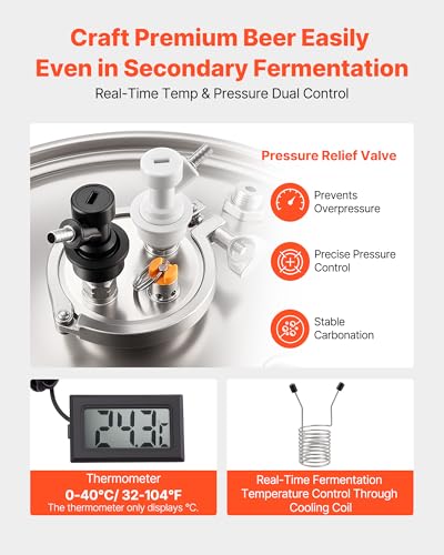 VEVOR Pressure Fermenter 15 PSI, 16 Gal/60L All-in-One Stainless Steel Conical Secondary Fermentation Bucket, with Cooling Tube, Yeast Slurry Collection Bottle, for Wine, Beer Brewing Equipment - size: 16 Gal-Fermenter2.0