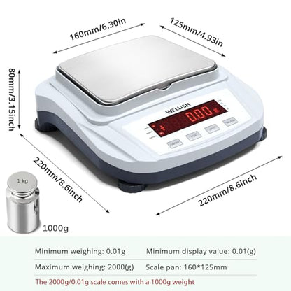 Lab Scale 2000g/0.01g High Precision Digital Scale with 1kg Weights Analytical Balance Electronic Scale for Kitchen Lab Weighing - style: 2000g x 0.01g with weight