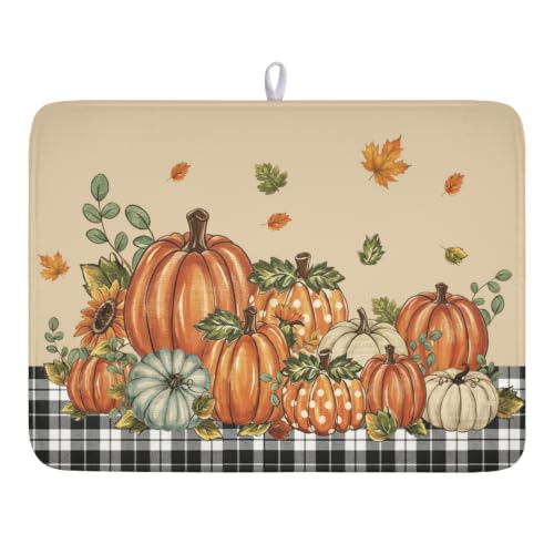 Fall Pumpkins Dish Drying Mat 18x24 Polka Dot Pumpkin Waterproof Autumn Thanksgiving Dish Drainer Mat Buffalo Plaid Maple Leaves for Kitchen Coffee Bar Outdoor Use Keeping Dry Holiday Party Decoration - color: Buffalo Plaid, size: 24" x 18"