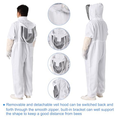 HARFINGTON Bee Suit for Men and Women L Beekeeping Suits Outfit with Veil Hood and Glove for Backyard Professional and Beginner Bee Keeper, White - size: L