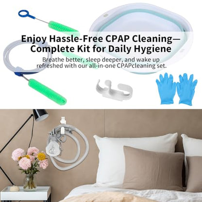 CPAP Cleaner Kit - Dedicated Basin & Flexible Tube Brush | CPAP cleaning kit: dedicated basin, long brush, drying hook, gloves & mask tool. BPA-free. Fits all tubing.