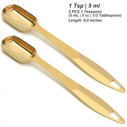 2 Pcs 1 Teaspoon(5 mL | 1 Tsp | 1/3 Tbsp | 5 cc | 1/6 oz) Stainless Steel Single Measuring Spoon, Long Handle Metal Measuring Spoon, Kitchen Gadgets for Cooking & Baking(Gold) - color: Gold, size: 1 Tsp | 1/3 Tbsp | 5 mL | 5 cc | 1/6 oz