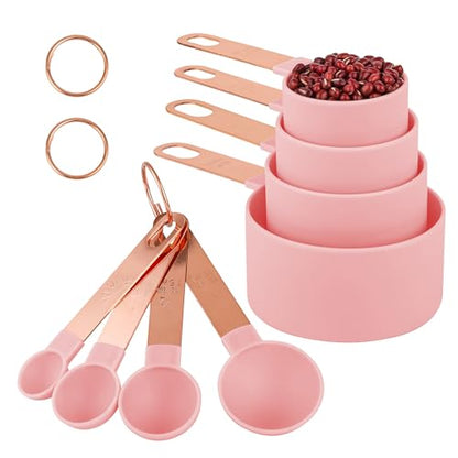 8-Piece Stackable Rose Gold Stainless Steel Handled Measuring Cups and Spoons for Measuring Dry and Liquid Ingredients (Pink) - color: Pink