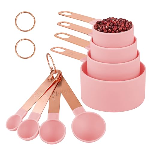 8-Piece Stackable Rose Gold Stainless Steel Handled Measuring Cups and Spoons for Measuring Dry and Liquid Ingredients (Pink) - color: Pink
