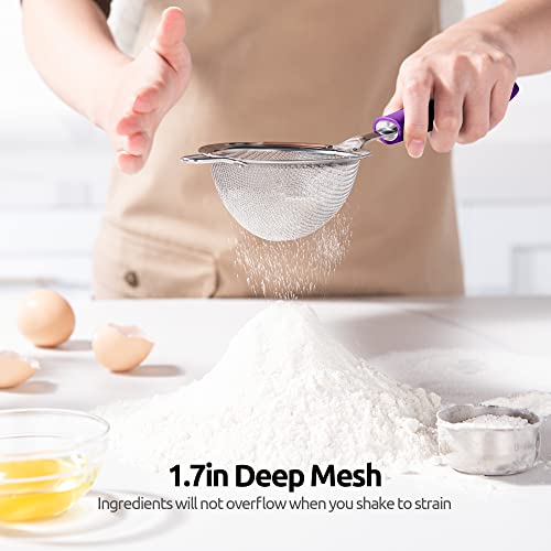 18/8 Stainless Steel Mesh Strainer: U-Taste 3.9 Inch Kitchen Fine Mesh Sieve Food Colander with Riveted Sturdy Silicone Handle and 30 Mesh Hole for Straining Flour, Quinoa, Tea, Juice (Purple) - color: (5) Purple, size: Small (3.9 x 11.1 in)