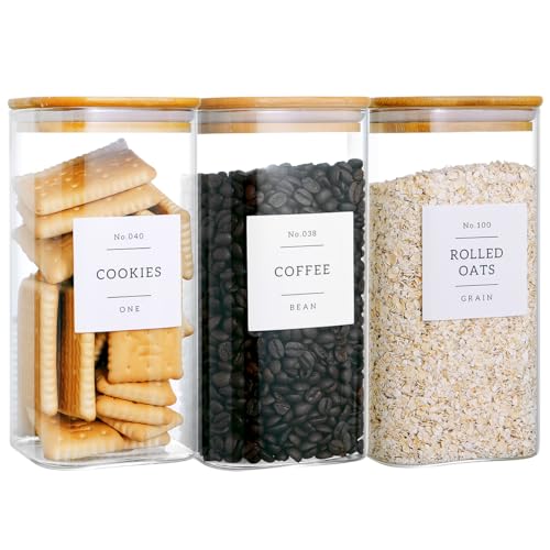 CZZGSM 3 Pack Square Glass Kitchen Storage Jars with Airtight Bamboo Lids and 132 Pantry Labels - 54oz Glass Canisters with Wood Lids - Food Storage for Sugar, Rice, Pasta, Cereal - color: 54OZ-3Pack
