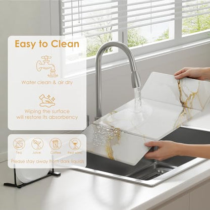3 PCS Large Stone Dish Drying Mat for Kitchen Counter -24"x16" Absorbent Diatomaceous Earth Mat with Stone Faucet Mat & Soap Tray - Quick Dry, Collapsible, Non-Slip Countertop Organizer - color: gold Marble